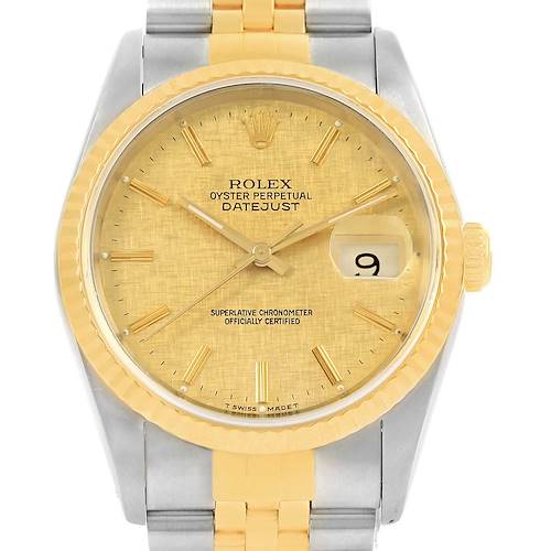 This image shows a front view of a Rolex Datejust 16233 Men's Steel and Gold (two tone) Champagne Dial 16233 Men's Steel and Gold (two tone) Champagne Dial watch, highlighting the gold dial, fluted bezel, and two-tone bracelet.