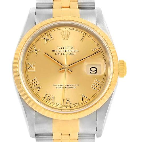 The image shows a front view of a Rolex Datejust 16233 Men's Steel and Gold (two tone) Champagne Dial 16233 Men's Steel and Gold (two tone) Champagne Dial watch, showcasing its dial, bezel, and part of the band.