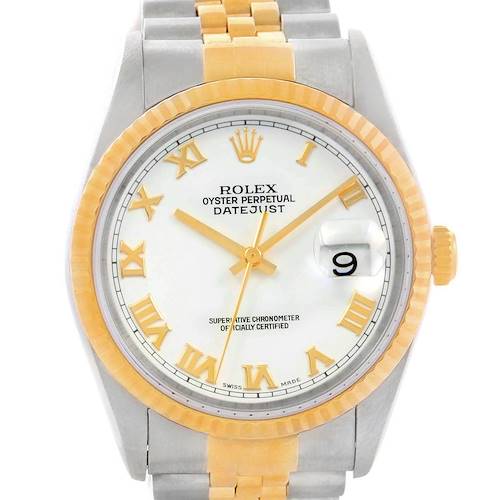 The image shows a front view of the Rolex Datejust 16233 Men's Steel and Gold (two tone) White Dial 16233 Men's Steel and Gold (two tone) White Dial watch, highlighting its gold and silver bracelet, white dial, and date indicator.