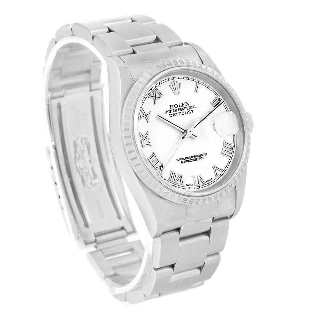 This image shows a Rolex Datejust 16220 Men's Stainless Steel White Dial 16220 Men's Stainless Steel White Dial watch angled to display the face, bezel, and metal bracelet.