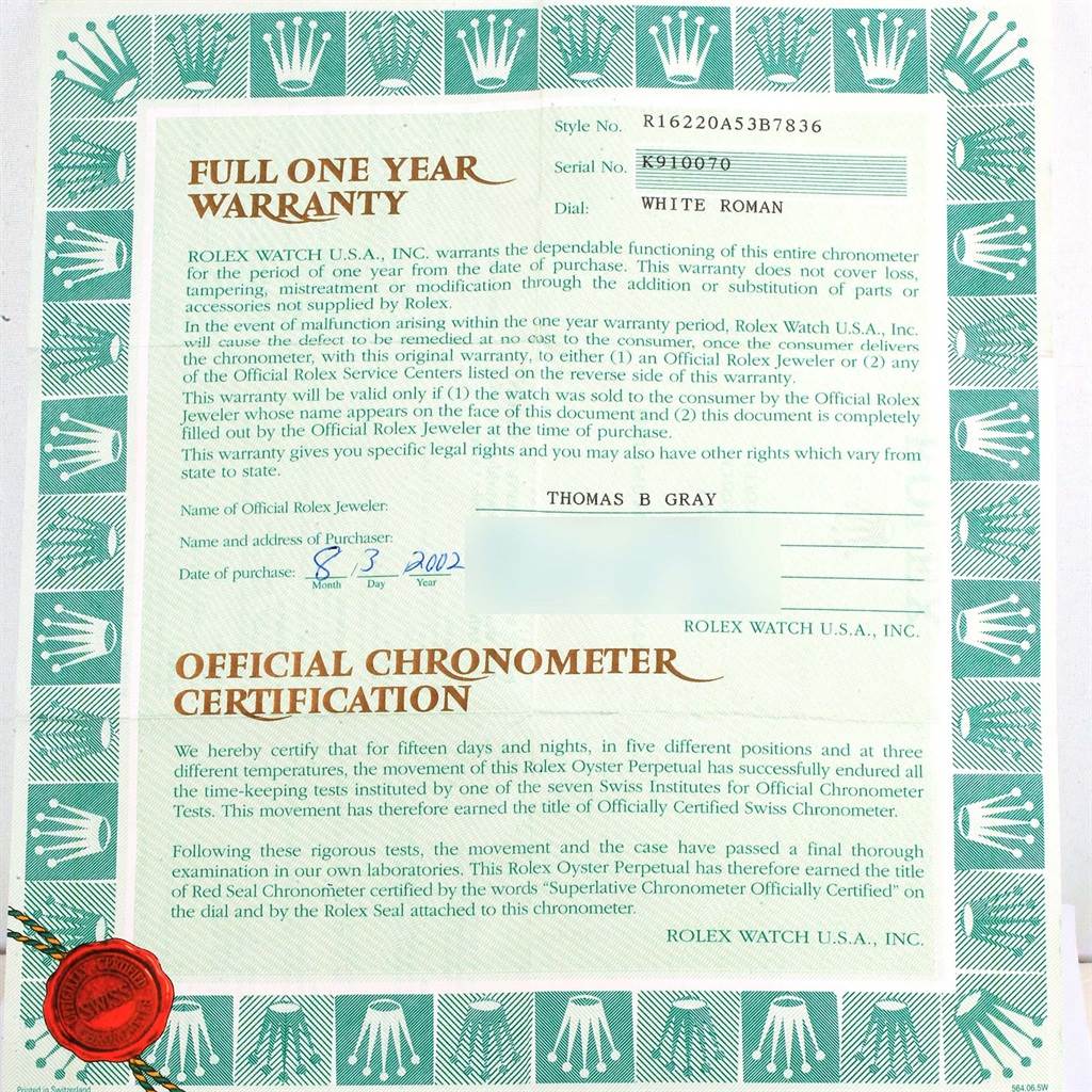 This image shows a warranty and chronometer certification document for a Rolex Datejust 16220 Men's Stainless Steel White Dial 16220 Men's Stainless Steel White Dial model.