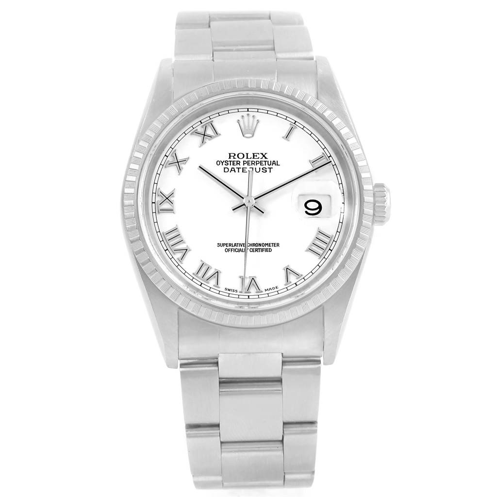 The image shows a Rolex Datejust 16220 Men's Stainless Steel White Dial 16220 Men's Stainless Steel White Dial watch from a front angle, displaying the face, dial, and bracelet.