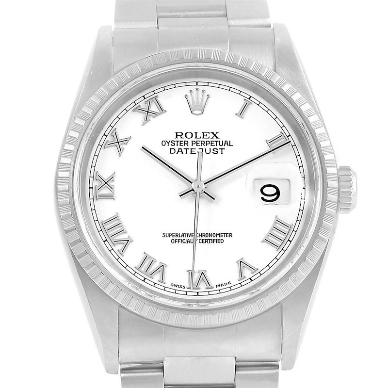 This image shows a front view of a Rolex Datejust 16220 Men's Stainless Steel White Dial 16220 Men's Stainless Steel White Dial watch, featuring its dial, bezel, and bracelet.