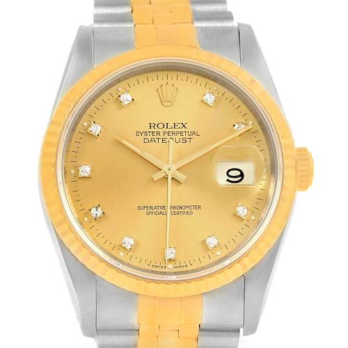 The image shows a frontal view of a Rolex Datejust 16233 Steel and Gold (two tone) Champagne Dial 16233 Steel and Gold (two tone) Champagne Dial watch with a gold dial, diamond hour markers, and a two-tone bracelet.