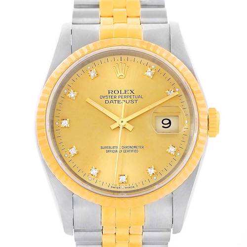 The Rolex Datejust 16233 Steel and Gold (two tone) Champagne Dial 16233 Steel and Gold (two tone) Champagne Dial watch is shown from a direct top-down angle, highlighting the dial, bezel, and bracelet.