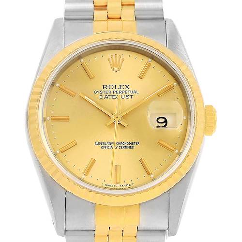 The image shows a front angle of a Rolex Datejust 16233 Men's Steel and Gold (two tone) Champagne Dial 16233 Men's Steel and Gold (two tone) Champagne Dial watch, highlighting its gold dial, two-tone bracelet, and date window.