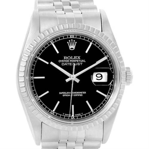 This image shows a front view of the Rolex Datejust 16220 Men's Stainless Steel Black Dial 16220 Men's Stainless Steel Black Dial watch, featuring its black dial, date window, and stainless steel bracelet.