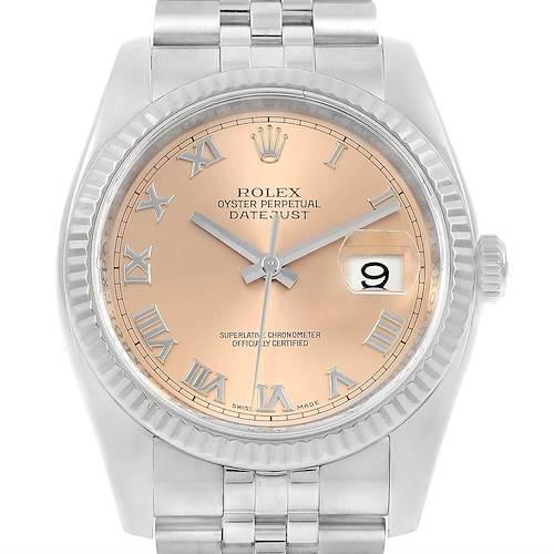 The image shows a front view of a Rolex Datejust 116234 Stainless Steel Pink Dial 116234 Stainless Steel Pink Dial watch, featuring a pink dial with Roman numerals and a date window.