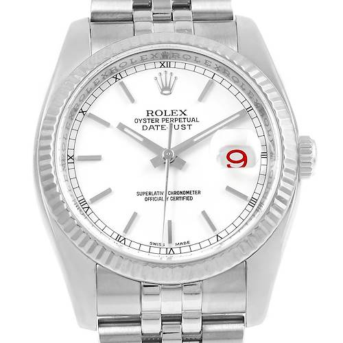 The Rolex Datejust 116234 Men's Stainless Steel White Dial 116234 Men's Stainless Steel White Dial watch is shown from a front angle, highlighting its dial, bezel, crown, and part of the bracelet.