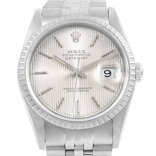 This image shows a front view of a Rolex Datejust 16220 Men's Stainless Steel Silver Dial 16220 Men's Stainless Steel Silver Dial, highlighting the dial, hands, date window, and part of the bracelet.