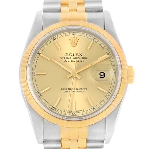 The image shows a front view of a Rolex Datejust 16233 Men's Steel and Gold (two tone) Champagne Dial 16233 Men's Steel and Gold (two tone) Champagne Dial watch, highlighting its dial, bezel, and bracelet.