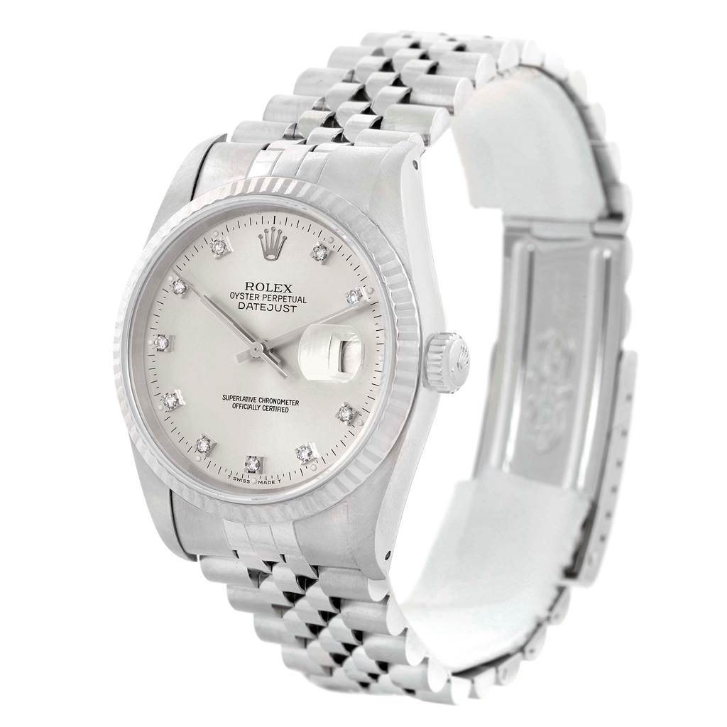The image shows a Rolex Datejust 16234 Stainless Steel Silver Dial 16234 Stainless Steel Silver Dial watch at a slight angle, displaying its face, bezel, crown, and partially opened clasp.