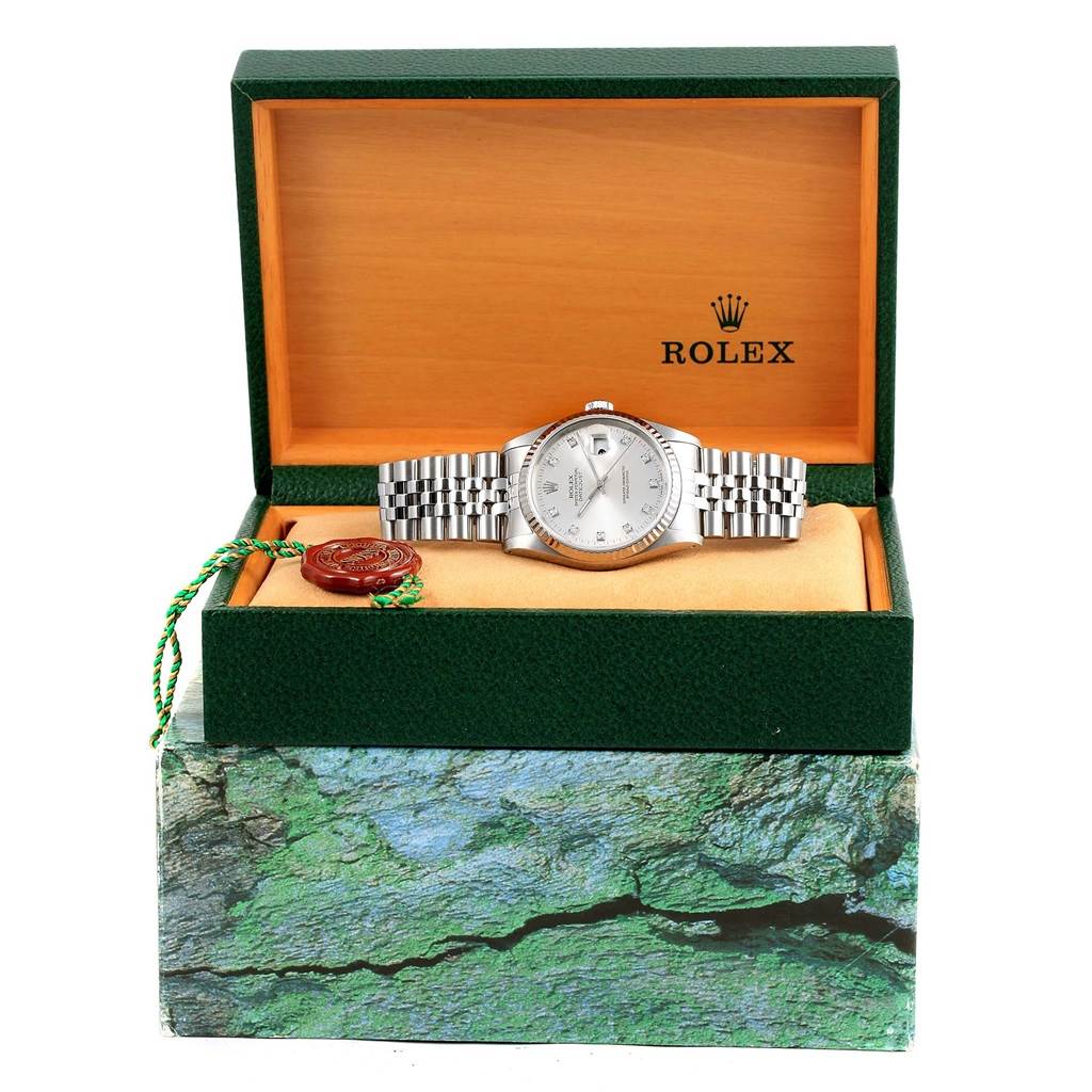 The Rolex Datejust 16234 Stainless Steel Silver Dial 16234 Stainless Steel Silver Dial watch is shown in an open box at a direct front angle, displaying its face, bracelet, and logo.