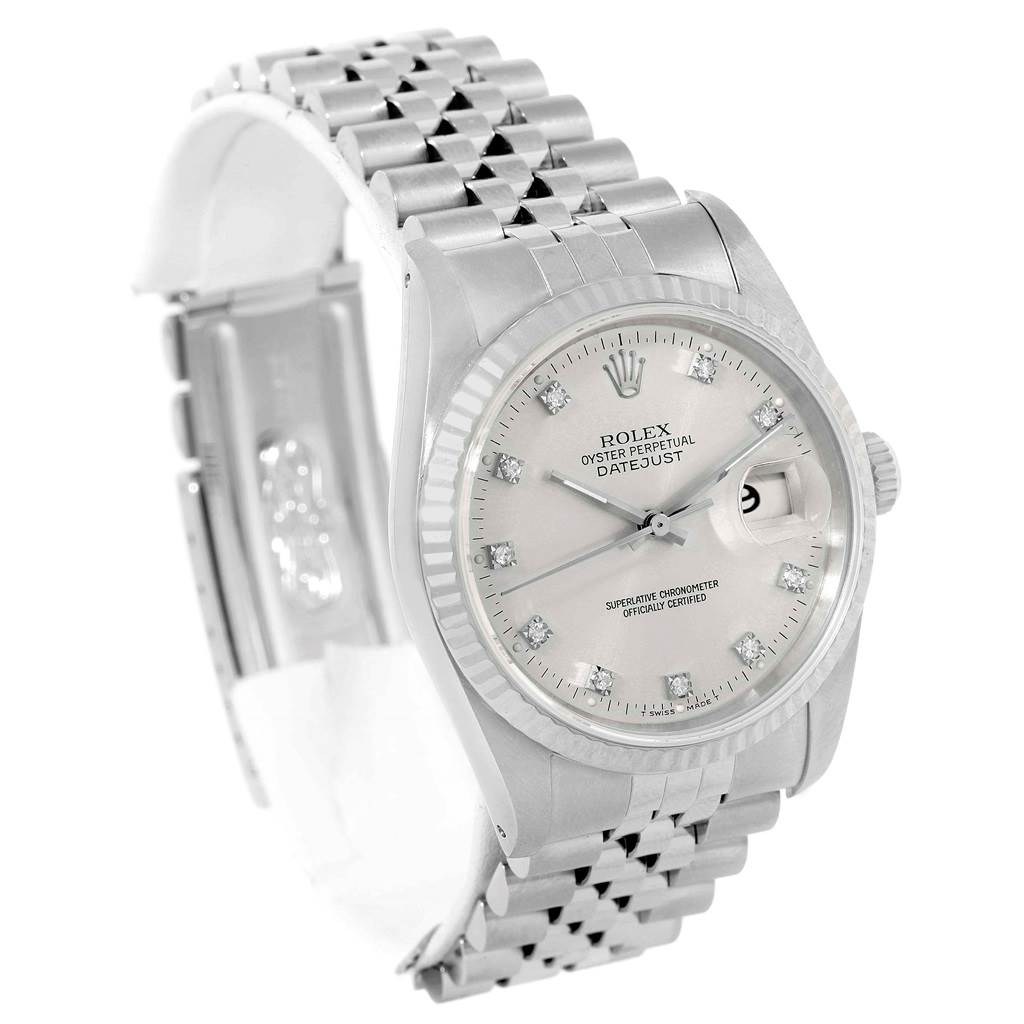 This image displays a Rolex Datejust 16234 Stainless Steel Silver Dial 16234 Stainless Steel Silver Dial watch at a three-quarter angle, highlighting the face, bezel, and band.