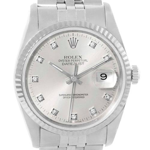 The image shows a front view of the Rolex Datejust 16234 Stainless Steel Silver Dial 16234 Stainless Steel Silver Dial watch, highlighting the dial, fluted bezel, and bracelet.