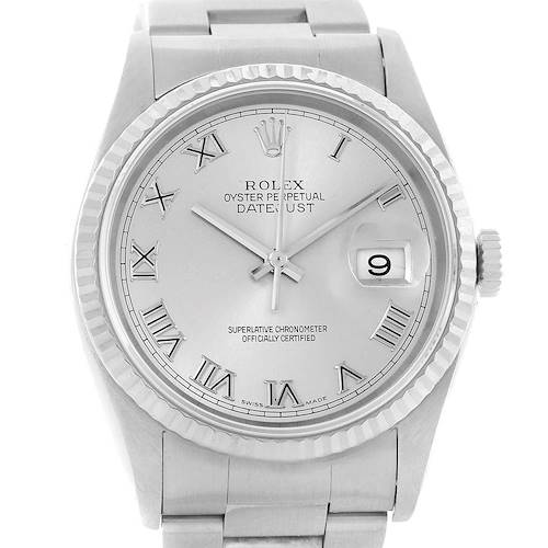 The image shows a front view of a Rolex Datejust 16234 Men's Stainless Steel Silver Dial 16234 Men's Stainless Steel Silver Dial watch, highlighting its dial, Roman numerals, and date window.