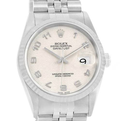 The image shows a front view of the Rolex Datejust 16234 Men's Stainless Steel Beige Dial 16234 Men's Stainless Steel Beige Dial watch, highlighting its face, bezel, crown, and part of the bracelet.