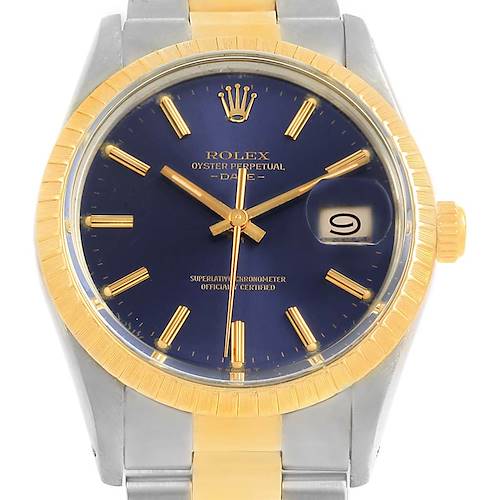 This image shows a frontal view of a Rolex Datejust 15053 Men's Steel and Gold (two tone) Blue Dial 15053 Men's Steel and Gold (two tone) Blue Dial watch with a blue dial, gold fluted bezel, and a combination metal bracelet.