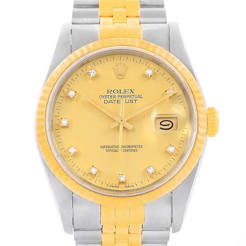 This image shows a front view of the Rolex Datejust 16013 Men's Stainless Steel Champagne Dial 16013 Men's Stainless Steel Champagne Dial watch with a yellow dial and two-tone bracelet.