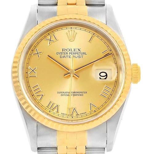 The image shows a frontal view of a Rolex Datejust 16233 Men's Steel and Gold (two tone) Champagne Dial 16233 Men's Steel and Gold (two tone) Champagne Dial watch, highlighting its yellow gold dial, Roman numerals, and two-tone bracelet.
