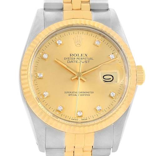 The image shows a frontal view of a Rolex Datejust 16013 Men's Stainless Steel Champagne Dial 16013 Men's Stainless Steel Champagne Dial watch, highlighting its gold dial, bezel, and part of its two-tone bracelet.
