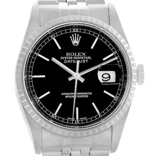 This image shows a front-view angle of a Rolex Datejust 16220 Men's Stainless Steel Black Dial 16220 Men's Stainless Steel Black Dial watch, focusing on its black dial, fluted bezel, hands, bracelet, and date window.