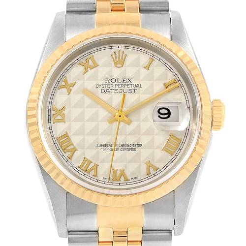 The image shows the front view of a Rolex Datejust 16233 Men's Steel and Gold (two tone) Beige Dial 16233 Men's Steel and Gold (two tone) Beige Dial watch, featuring its dial, bezel, and a portion of the bracelet.