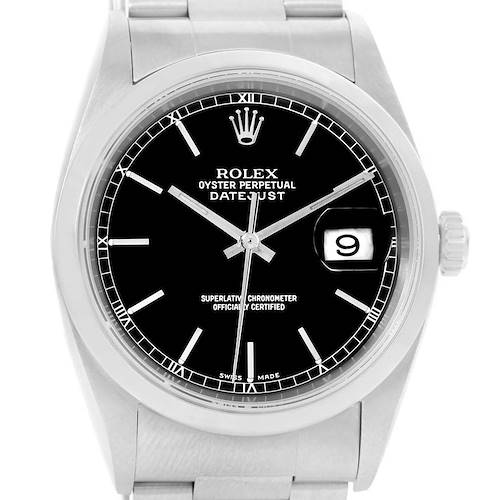 The image shows a close-up view of the face and bezel of a Rolex Datejust 16200 Men's Stainless Steel Black Dial 16200 Men's Stainless Steel Black Dial watch, displaying the time and date.