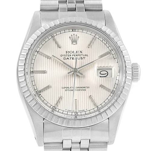 This is a front view of the dial, bezel, and bracelet of the Rolex Datejust 16030 Men's Stainless Steel Silver Dial 16030 Men's Stainless Steel Silver Dial watch.