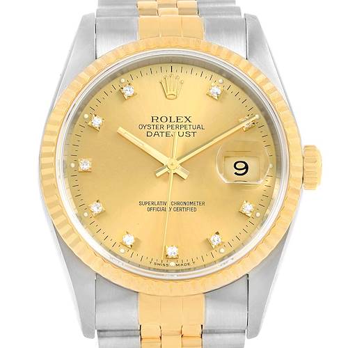 The image shows a front view of a Rolex Datejust 16233 Men's Steel and Gold (two tone) Champagne Dial 16233 Men's Steel and Gold (two tone) Champagne Dial watch, featuring a gold and silver design with a gold dial and diamond hour markers.