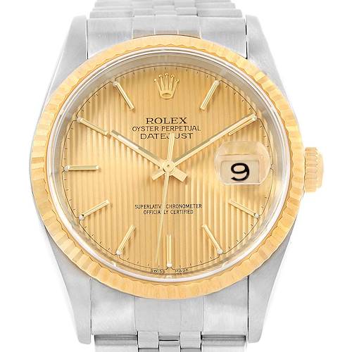 This image shows a front view of the face of a Rolex Datejust 16233 Men's Steel and Gold (two tone) Champagne Dial 16233 Men's Steel and Gold (two tone) Champagne Dial watch, highlighting the bezel, dial, and bracelet.
