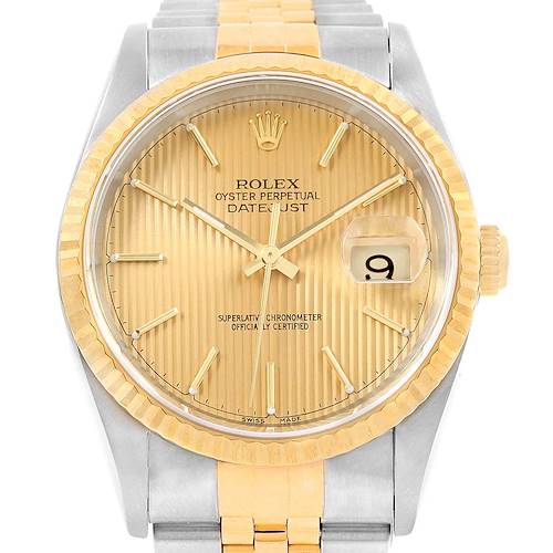The image shows a close-up front view of a Rolex Datejust 16233 Men's Steel and Gold (two tone) Champagne Dial 16233 Men's Steel and Gold (two tone) Champagne Dial watch, highlighting the dial, bezel, and part of the bracelet.
