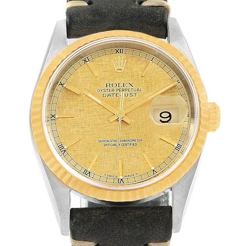 The image shows a Rolex Datejust 16233 Men's Steel and Gold (two tone) Champagne Dial 16233 Men's Steel and Gold (two tone) Champagne Dial watch from a front angle, highlighting the dial, bezel, hands, and part of the strap.