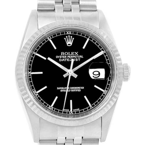 This image shows a front view of a Rolex Datejust 16234 Men's Stainless Steel Black Dial 16234 Men's Stainless Steel Black Dial watch, including the dial, bezel, bracelet, and crown.