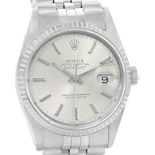 This image shows a front view of the Rolex Datejust 16234 Men's Stainless Steel Silver Dial 16234 Men's Stainless Steel Silver Dial watch, including its face, bezel, and partial bracelet.