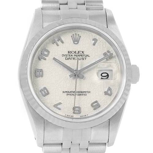 The image shows a close-up, front view of the Rolex Datejust 16234 Men's Stainless Steel Beige Dial 16234 Men's Stainless Steel Beige Dial watch, highlighting the dial, hands, bezel, and bracelet.