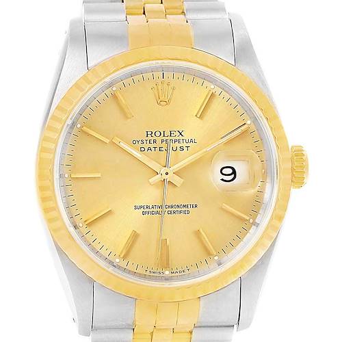 The image shows a front-facing angle of a Rolex Datejust 16233 Steel and Gold (two tone) Champagne Dial 16233 Steel and Gold (two tone) Champagne Dial watch, highlighting its yellow gold dial, bezel, and two-tone bracelet.