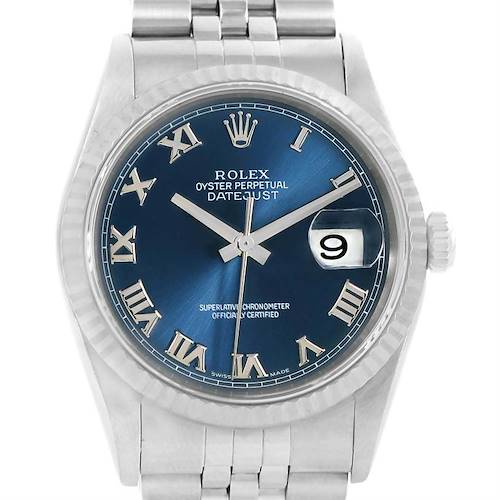 The image shows a frontal view of a Rolex Datejust 16234 Men's Stainless Steel Blue Dial 16234 Men's Stainless Steel Blue Dial watch with a blue dial and Roman numerals, featuring the date at 3 o'clock.