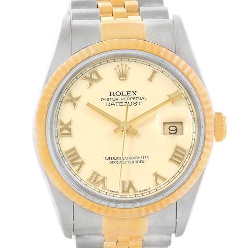 The image shows a frontal view of the Rolex Datejust 16233 Men's Steel and Gold (two tone) Beige Dial 16233 Men's Steel and Gold (two tone) Beige Dial watch featuring its dial, hands, bezel, and part of the bracelet.