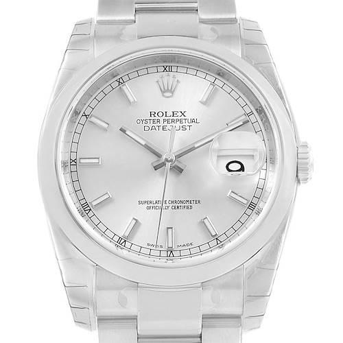 This image shows a Rolex Datejust 116200 Men's Stainless Steel Silver Dial 116200 Men's Stainless Steel Silver Dial watch from a front angle, highlighting the dial, bezel, hands, date window, and part of the bracelet.