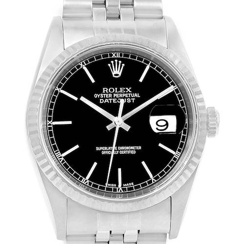 The image shows a Rolex Datejust 16234 Men's Stainless Steel Black Dial 16234 Men's Stainless Steel Black Dial watch taken from a front angle, highlighting its black dial, date window, and stainless steel bracelet.