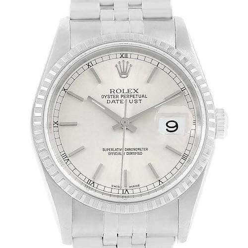 The image shows a Rolex Datejust 16220 Men's Stainless Steel Silver Dial 16220 Men's Stainless Steel Silver Dial watch from a front angle, highlighting the dial, bezel, hands, and bracelet.