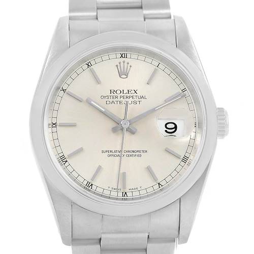 The image shows a front view of the Rolex Datejust 16220 Men's Stainless Steel Silver Dial 16220 Men's Stainless Steel Silver Dial watch, highlighting the dial and partial bracelet.