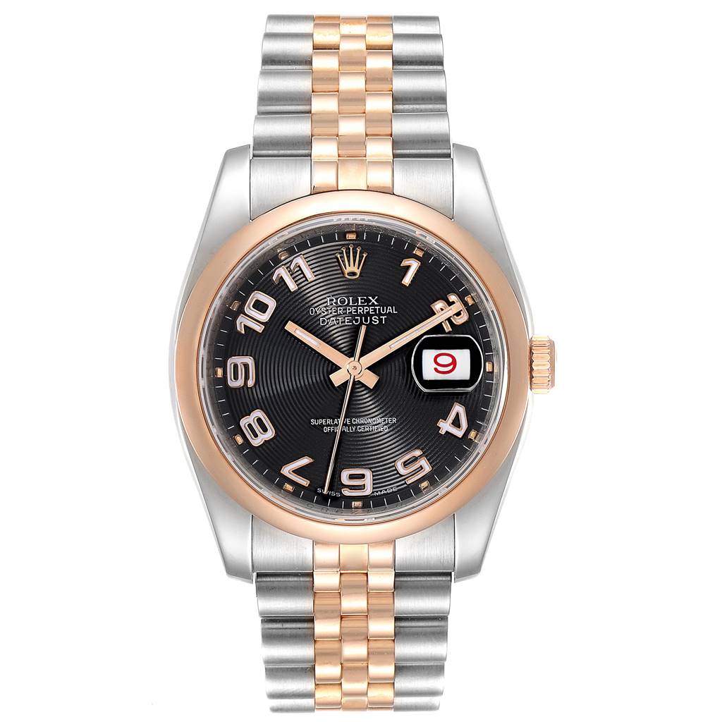 The image shows a front view of a Rolex Datejust 116201 Men's Steel and Gold (two tone) Black Dial 116201 Men's Steel and Gold (two tone) Black Dial watch, showcasing its two-tone bracelet, black dial, and magnified date display.