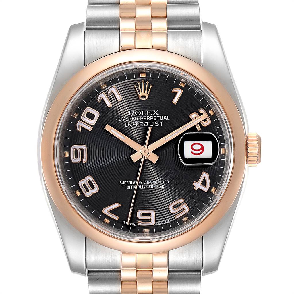 This image shows the face, bezel, and part of the bracelet of a Rolex Datejust 116201 Men's Steel and Gold (two tone) Black Dial 116201 Men's Steel and Gold (two tone) Black Dial watch, viewed from the front.