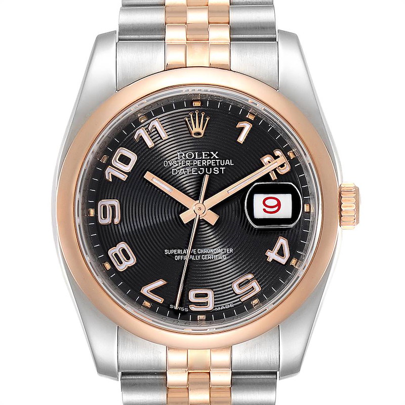 This image shows the face, bezel, and part of the bracelet of a Rolex Datejust 116201 Men's Steel and Gold (two tone) Black Dial 116201 Men's Steel and Gold (two tone) Black Dial watch, viewed from the front.