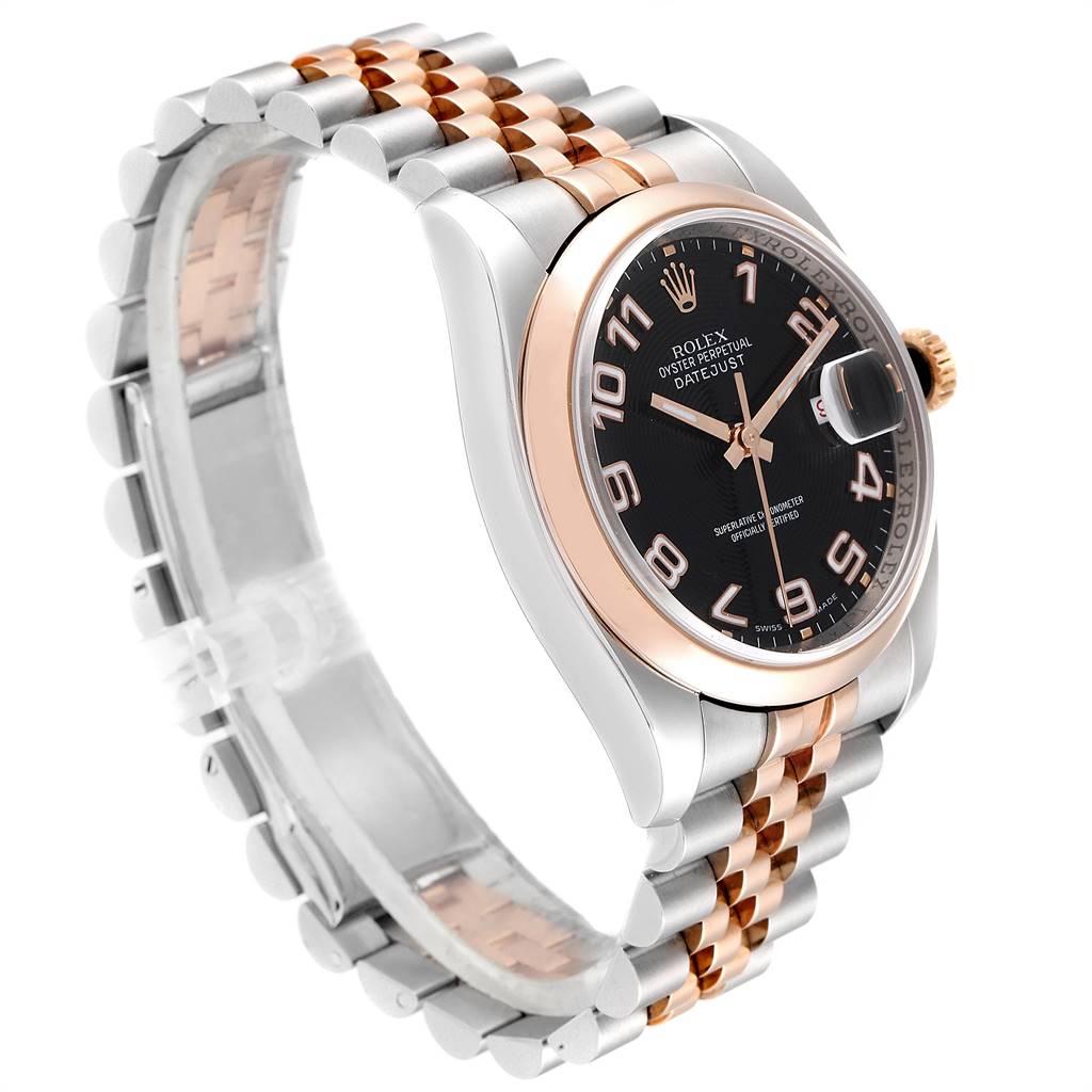 This Rolex Datejust 116201 Men's Steel and Gold (two tone) Black Dial 116201 Men's Steel and Gold (two tone) Black Dial watch is shown at an angle displaying the face, bezel, crown, and two-tone bracelet.