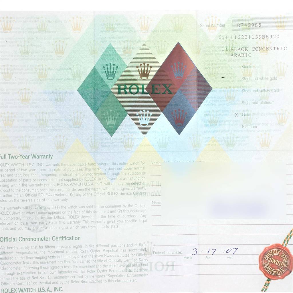 The image shows a warranty certificate and chronometer certification for a Rolex Datejust 116201 Men's Steel and Gold (two tone) Black Dial 116201 Men's Steel and Gold (two tone) Black Dial model watch.