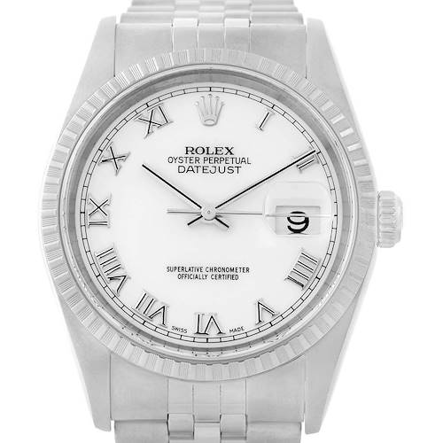 The image shows a front view of a Rolex Datejust 16220 Men's Stainless Steel White Dial 16220 Men's Stainless Steel White Dial watch displaying the dial, bezel, and part of the bracelet.