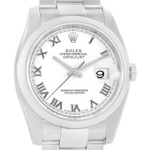 This image shows a front view of a Rolex Datejust 116200 Men's Stainless Steel White Dial 116200 Men's Stainless Steel White Dial watch, displaying the dial, hands, date window, and part of the bracelet.